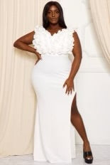 SALE!! LD-L {Height Of Fame} Ivory Ruffle Maxi Dress w/Slit PLUS SIZE 1X 2X 3X