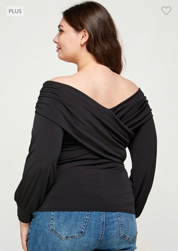 30 OS-A {Fantastic Beauty} Black Off Shoulder Wrap Top PLUS SIZE XL 2X 3X