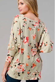 SALE!! 54 OS-D {Cold Rose}  Light Olive Floral Print Tunic Plus Size XL 2X 3X