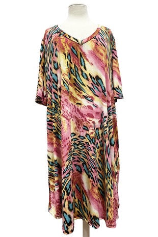 98 PSS-P {One In A Million} Pink/Teal Print V-Neck Dress EXTENDED PLUS SIZE 3X 4X 5X