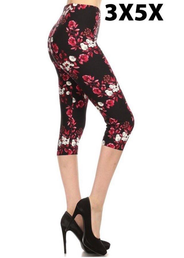 LEG-52 {Pointed Past} Pink White Floral Print Butter Soft Capri Leggings EXTENDED PLUS SIZE 3X/5X