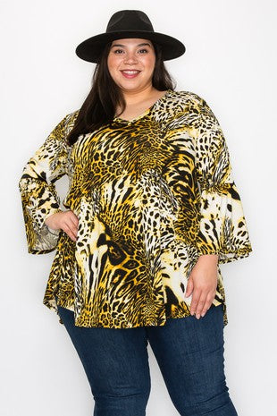 44 PQ {The Animal Lives} Black/Yellow/Ivory Animal Print Top EXTENDED PLUS SIZE 3X 4X 5X