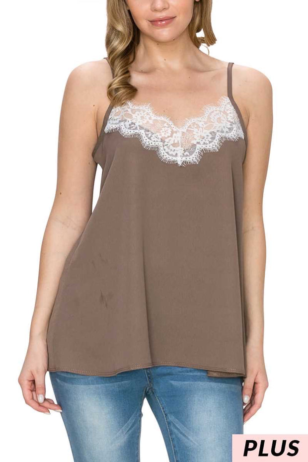 56 SV-A{Chai Tea} Mocha Cami w Lace Detail PLUS SIZE XL 2X 3X