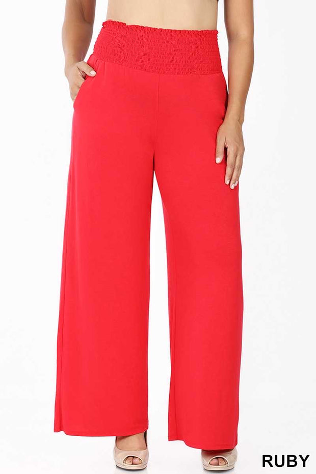 LEG-36 {Drive Around Town}  Red Smocked Waist Pants PLUS SIZE 1X 2X 3X