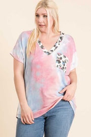 33 CP-H {Move Over} Pink/Blue Tie Dye Leopard Top PLUS SIZE XL 2X 3X