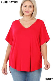 58 SSS-C {Hint of Red} Red V-Neck Short  Cuff Sleeve Top PLUS SIZE 1X 2X 3X