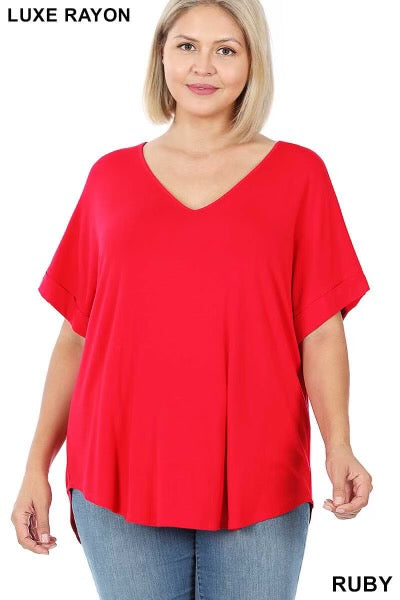 58 SSS-C {Hint of Red} Red V-Neck Short  Cuff Sleeve Top PLUS SIZE 1X 2X 3X