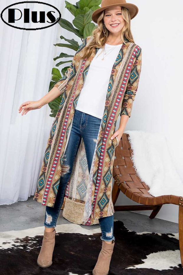 SALE!! LD-Q  {Tribal Vision} Taupe Tribal Print Duster w/Pockets PLUS SIZE 1X 2X 3X