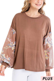 27 PLS {Pick A Flower} Mocha Top w/ Sheer Floral Sleeves PLUS SIZE 1X 2X 3X