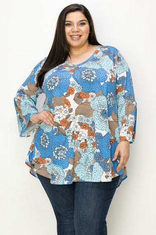 SALE!! 73 PQ {Classy And Comfy} Blue/Brown Floral V-Neck Top EXTENDED PLUS SIZE 3X 4X 5X