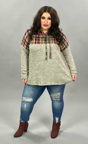 37 HD-D {Ride With Me} Grey Red Plaid Contrast Hoodie  PLUS SIZE XL 2X 3X 4X 5X 6X