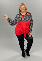 SALE!! 45-GT-G  {Written Love Letters } Red Black Top  w/ Script & Tie Front  PLUS SIZE 1X 2X 3X