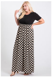 SALE!!  LD-C {Checker Board} Black/Cream Checkered Print Maxi Dress PLUS SIZE 1X 2X 3X