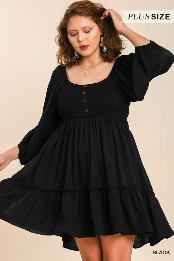 SALE!! 46 SQ-C {Into Bliss} Umgee Black Smocked Dress PLUS SIZE XL 1X 2X