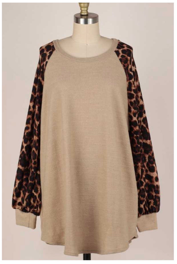 SALE!! CP-G {Too Cute} Beige Knit Top Brown Leopard Sleeve PLUS SIZE XL 2X 3X