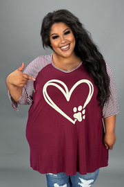 SALE!! 29 GT {Paw Heart} Burgundy w/ Striped Sleeve Graphic Tee PLUS SIZE XL 2X 3X 4X 5X  6X