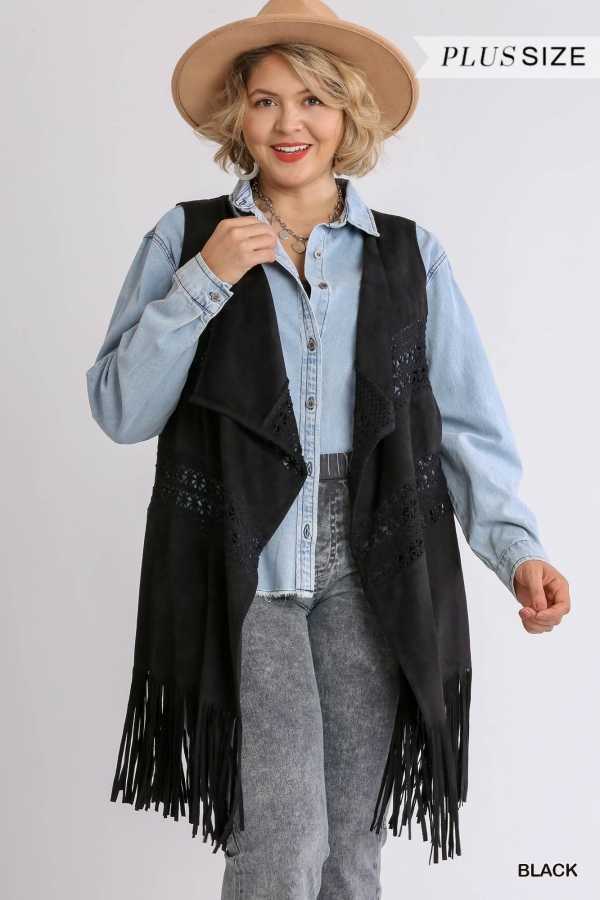 56 OT-A {Cool Is Calling} UMGEE Black Vest W/Fringe PLUS SIZE XL 1X 2X