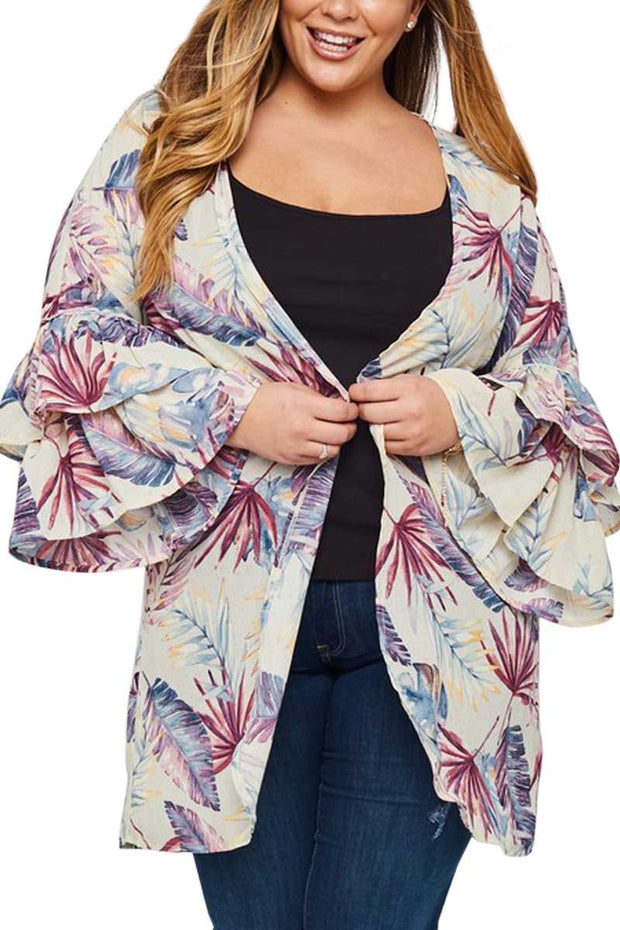 SALE!! OT-H {I'm On Beach Time} Sangria/Navy/Mustard Cardigan With Palm Leaf Design PLUS SIZE 1X 2X 3X