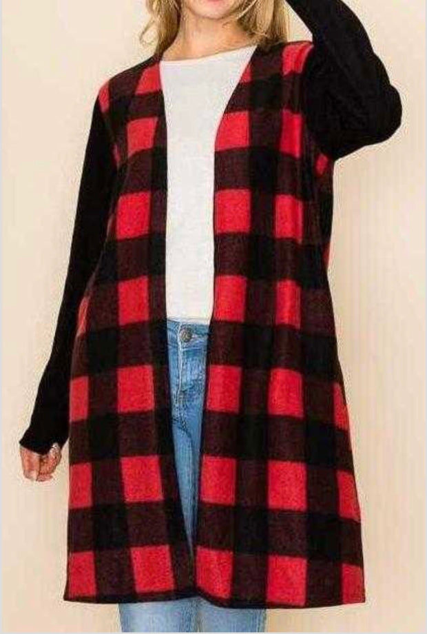 35   OT-B {Keep Me Honest} Red/Black Plaid Long Cardigan Plus Size 1X 2X 3X