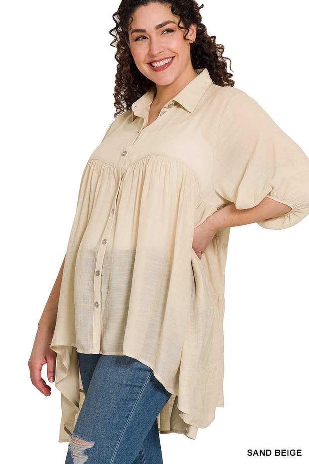 29 SSS-B {Keep Me Busy}  Beige Hi/Low Buttoned Tunic PLUS SIZE 1X 2X 3X