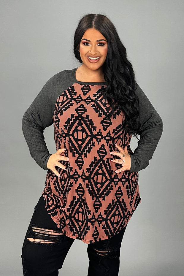 26 CP  {Only One Way} Charcoal/Dk. Mauve Tribal Print Top  PLUS SIZE 1X 2X 3X