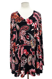 26 PLS {Spread The Joy} Black/Red Floral Paisley V-Neck Top PLUS SIZE XL 2X 3X