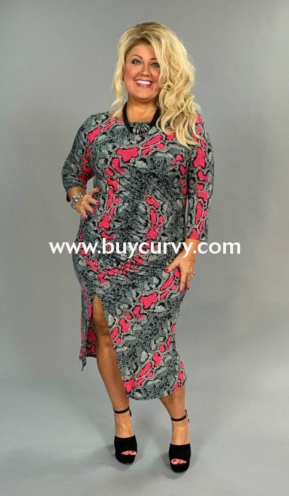 Ld-K {Whos That Lady} Blk/fuchsia Snakeprint Bodycon Dress Long