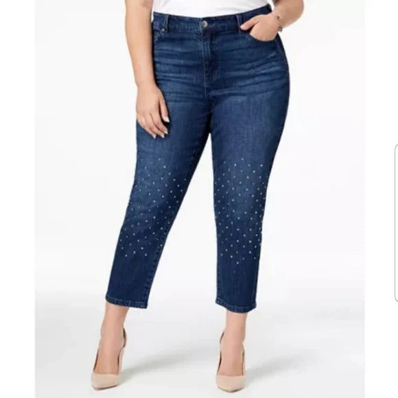 SALE!! BT-P  M-109   [Celebrity Pink} Blue Cropped Jeans W/Studs PLUS SIZE 14W 16W 18W