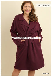 Ot-J Umgee Long Wine Coat Elastic Draw String Waist Outerwear