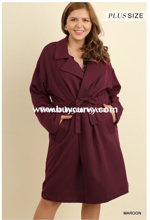 Ot-J Umgee Long Wine Coat Elastic Draw String Waist Outerwear