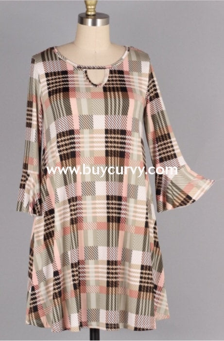 Pq-Q {Finding My Way} Olive/peach Plaid Keyhole Dress Pq