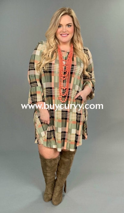 Pq-Q {Finding My Way} Olive/peach Plaid Keyhole Dress Pq