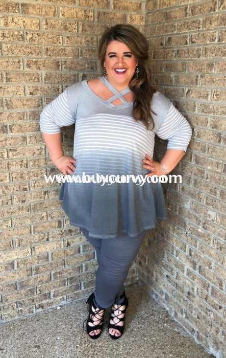 Pss-L Umgee Heather Gray Ombre Striped Criss-Cross Sale! Pss