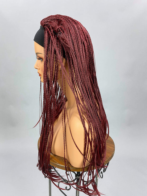 {Shaquiah} Long Burgundy Braided Headband Wig