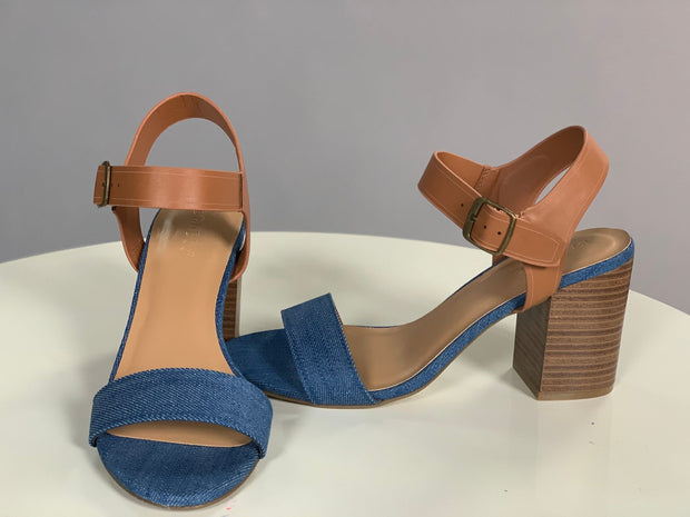 SALE!! SHOES {Round We Go} Denim & Tan Ankle Strap Block Heels