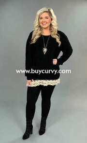 Sd-O {Limited Edition} Black Knit Sweater With Lace Hem Solid With Detail