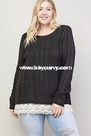 Sd-O {Limited Edition} Black Knit Sweater With Lace Hem Solid With Detail