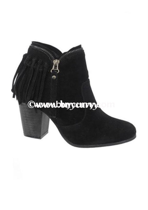 Shoes-Yoki Black Fringed Booties With Heel & Zipper Detail Sale! Shoes